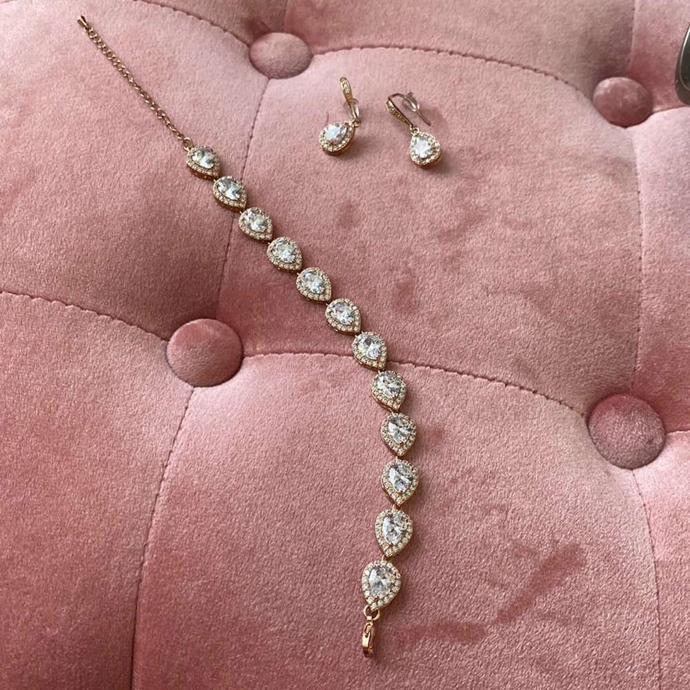 Gold Teardrop Cubic Zirconia Bracelet and Earring Set - Elegant Women's Jewelry